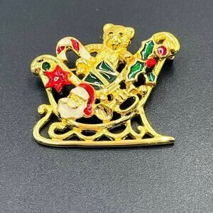 Vintage Enamel Santa Sleigh Teddy Bear Christmas Candy Cane‎ Brooch Pin Jewelry